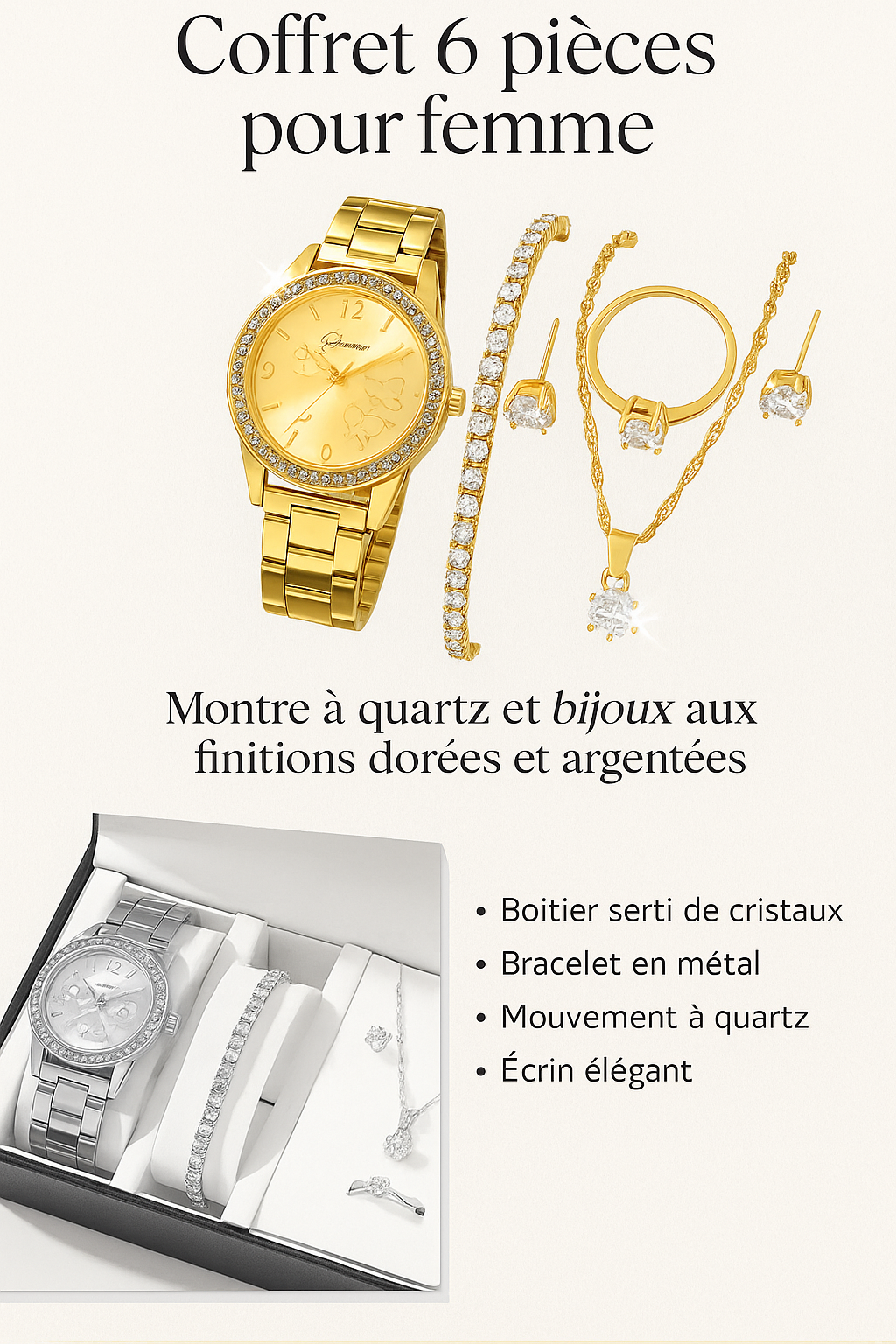 Coffret Montre & Bijoux Femme – 6 Pièces Élégance Dorée ou Argentée