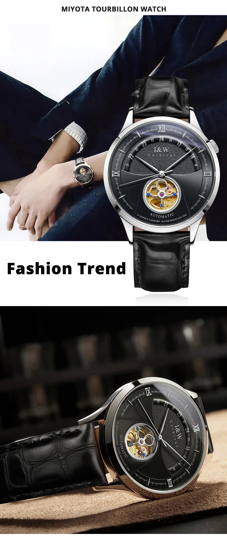 I&W MIYOTA – Tourbillon Bleu Prestige (Édition Saphir & Cuir Italien)