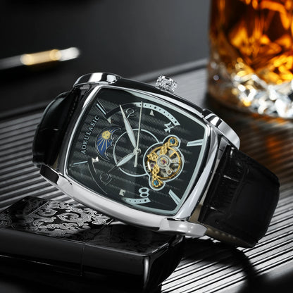 Tonneau Moon Phase – Montre Mécanique Élégante pour Homme (Édition Cadran Lune & Squelette)