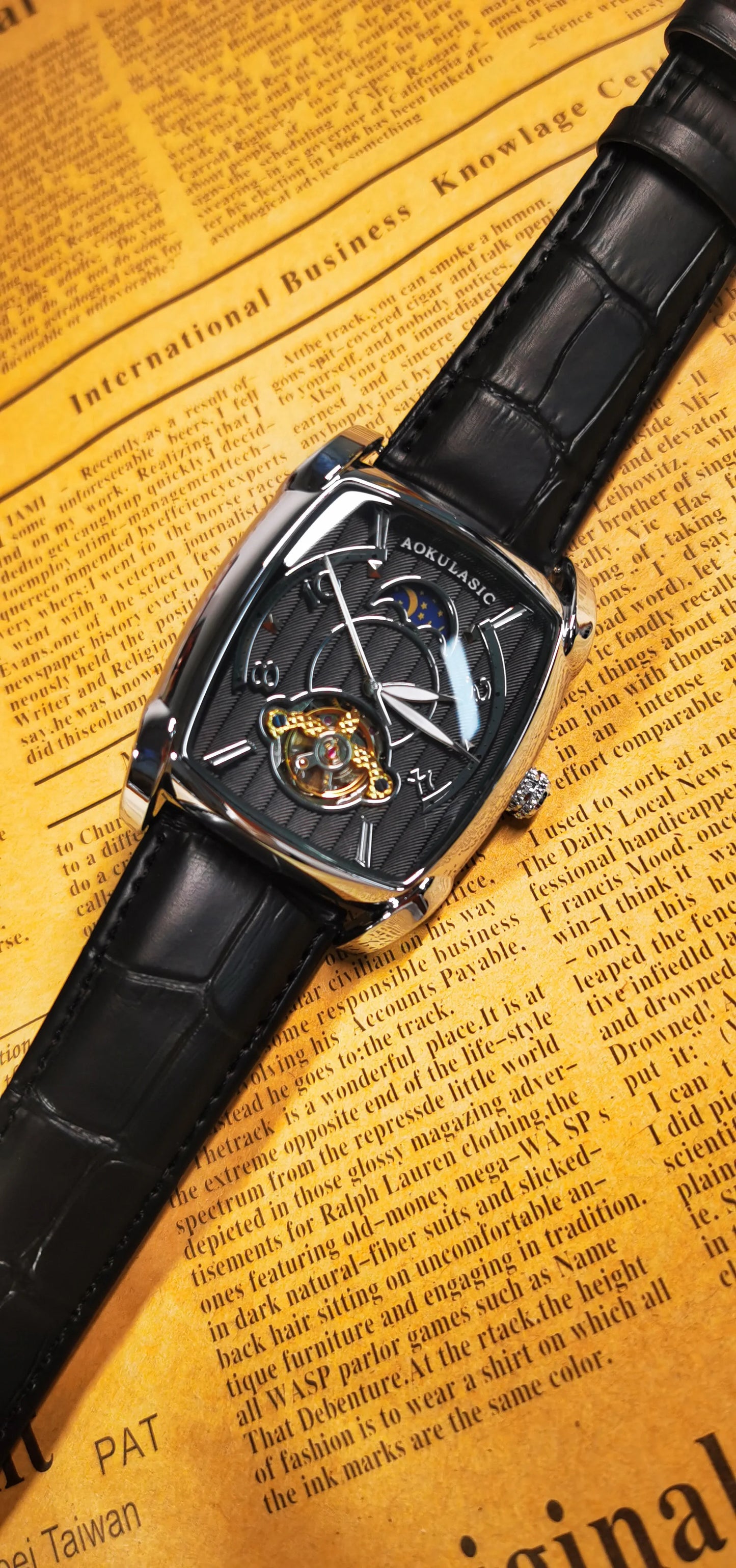 Tonneau Moon Phase – Montre Mécanique Élégante pour Homme (Édition Cadran Lune & Squelette)