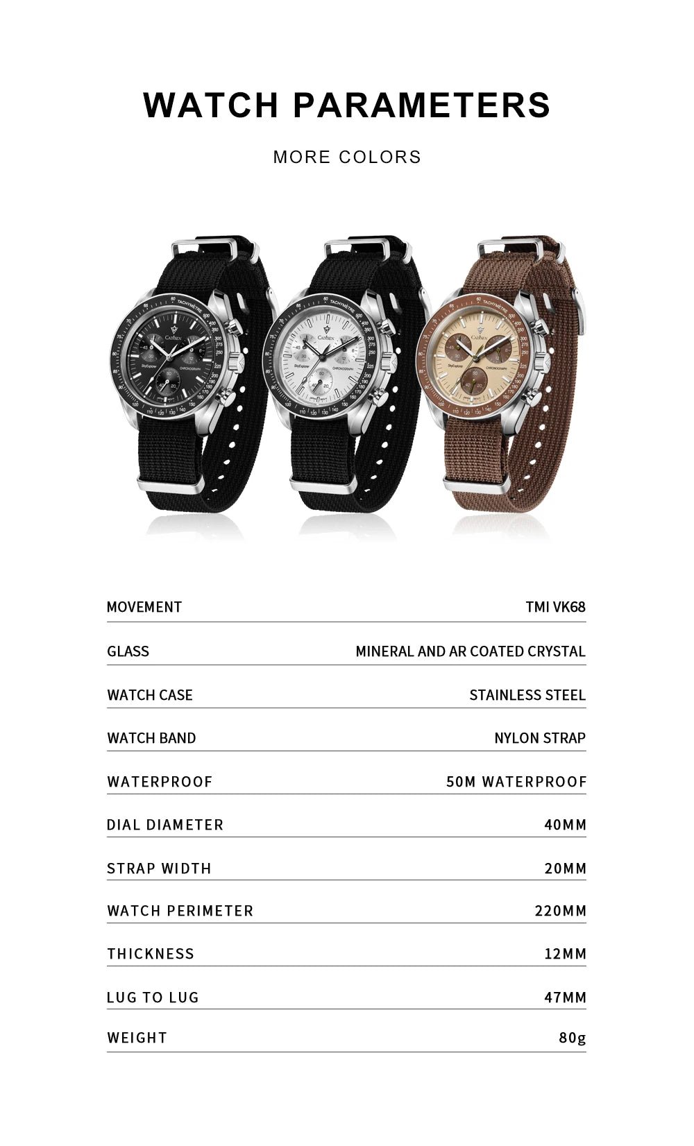 CADISEN C7064 – Chronographe Prestige VK68 (Édition Sport Vintage)