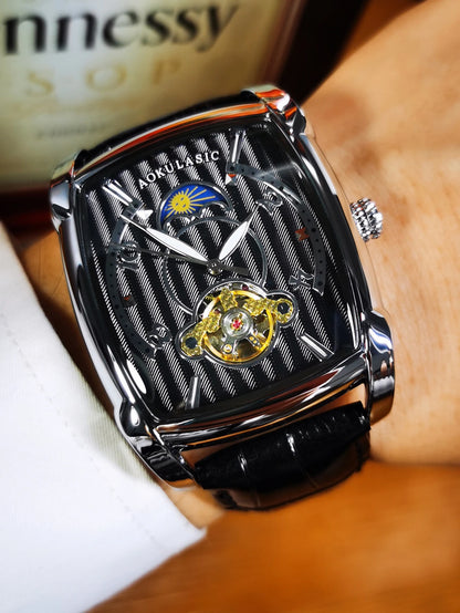 Tonneau Moon Phase – Montre Mécanique Élégante pour Homme (Édition Cadran Lune & Squelette)
