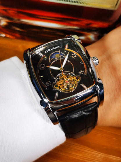 Tonneau Moon Phase – Montre Mécanique Élégante pour Homme (Édition Cadran Lune & Squelette)