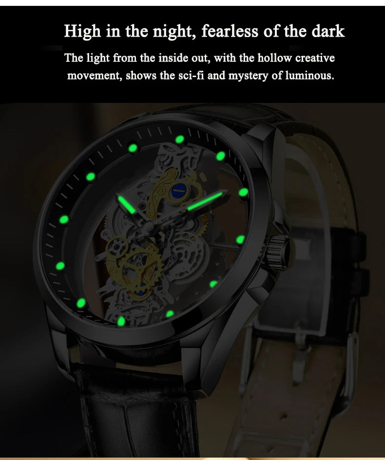 Montre Squelette Automatique – Mécanisme Apparent & Finitions Luxueuses (Cuir ou Acier)
