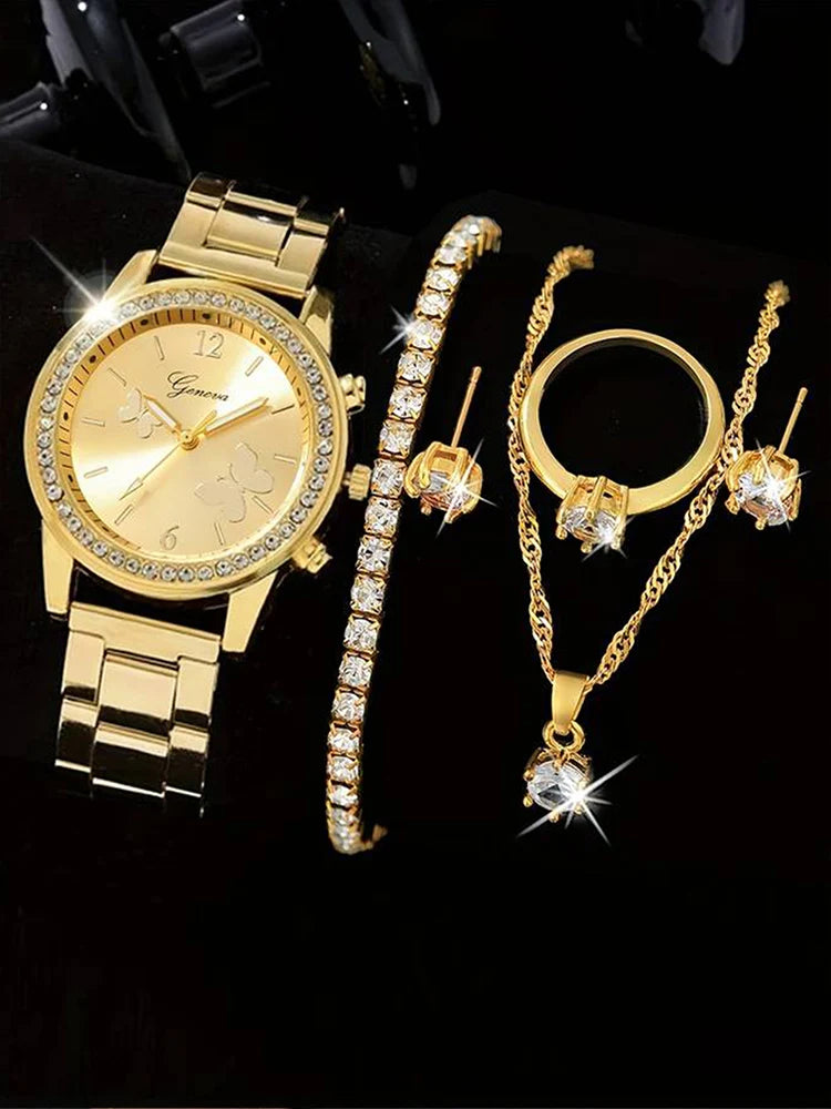 Coffret Montre & Bijoux Femme – 6 Pièces Élégance Dorée ou Argentée