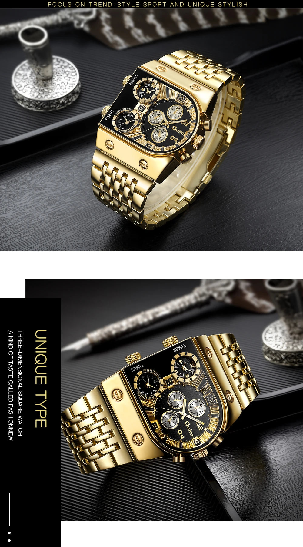 Oulm 9315 – Montre Carrée Homme Multi-Cadrans (Édition Or & Luminance)