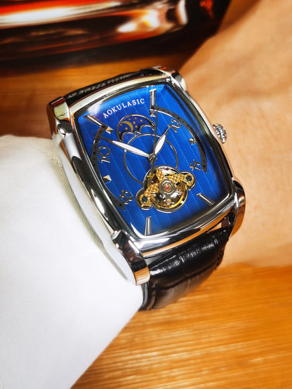 Tonneau Moon Phase – Montre Mécanique Élégante pour Homme (Édition Cadran Lune & Squelette)