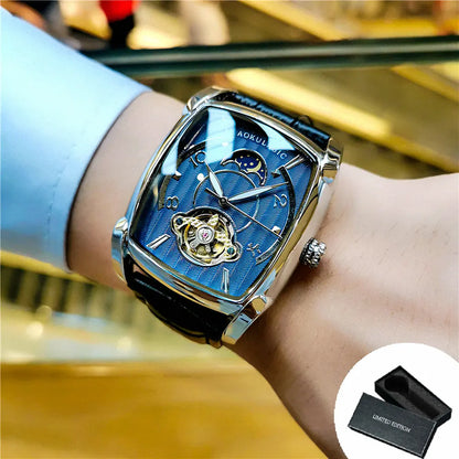 Tonneau Moon Phase – Montre Mécanique Élégante pour Homme (Édition Cadran Lune & Squelette)