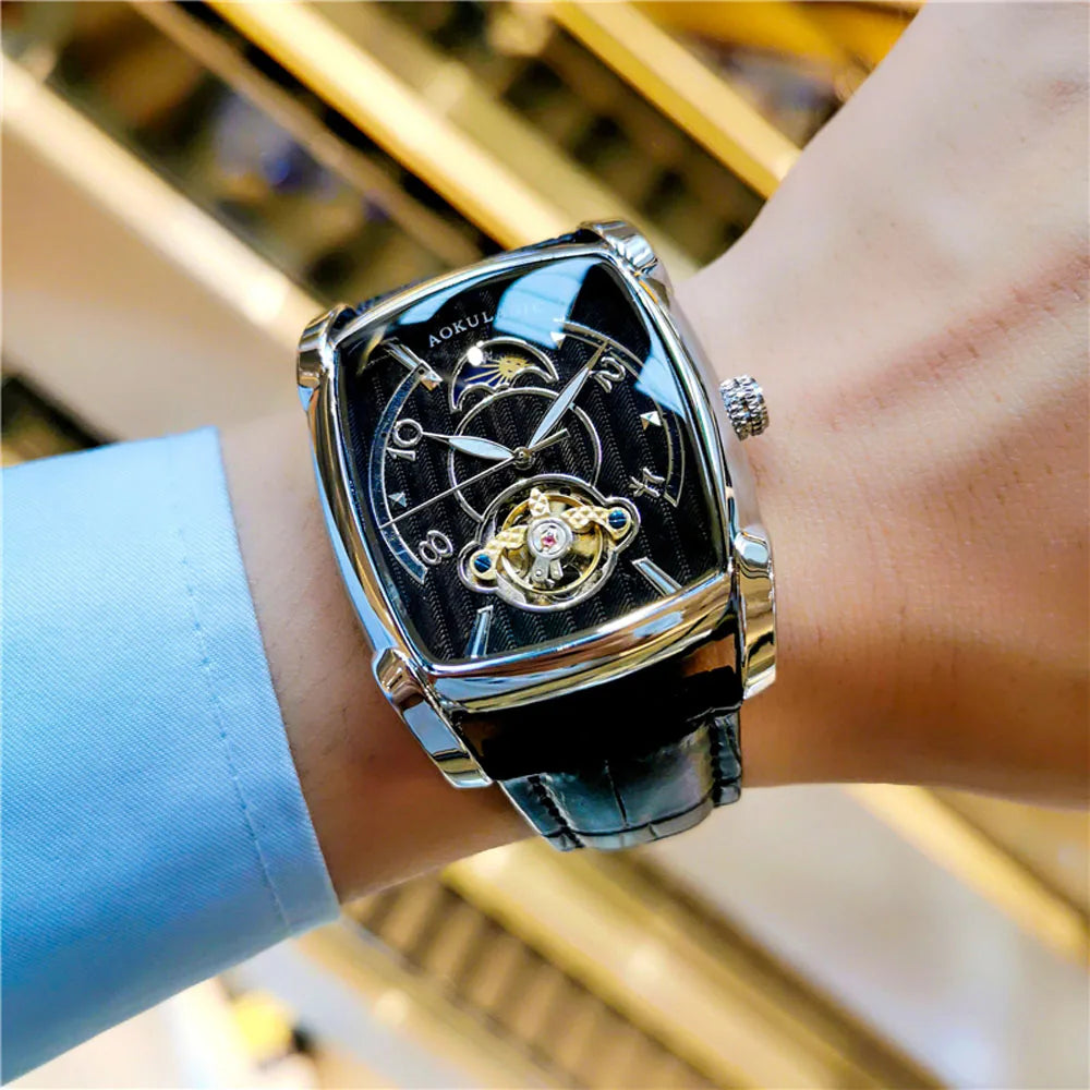 Tonneau Moon Phase – Montre Mécanique Élégante pour Homme (Édition Cadran Lune & Squelette)