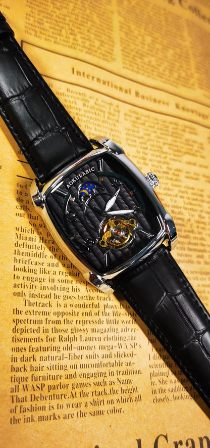 Tonneau Moon Phase – Montre Mécanique Élégante pour Homme (Édition Cadran Lune & Squelette)