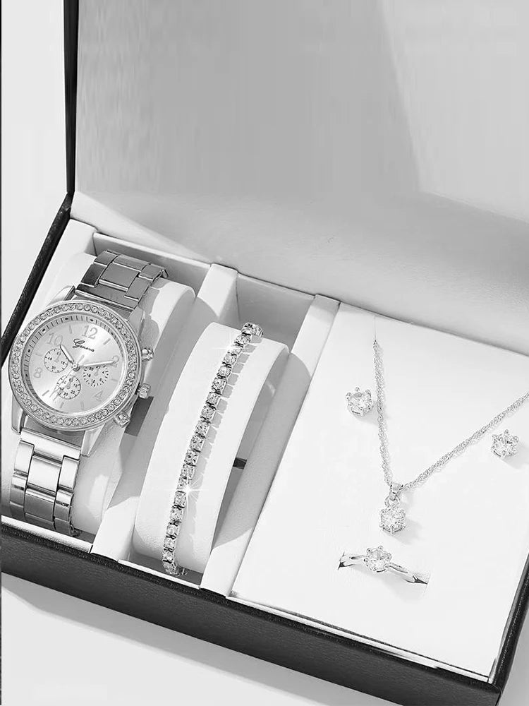Coffret Montre & Bijoux Femme – 6 Pièces Élégance Dorée ou Argentée