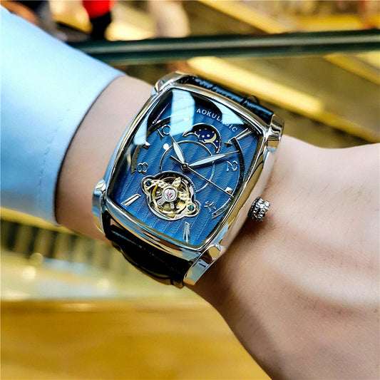 Tonneau Moon Phase – Montre Mécanique Élégante pour Homme (Édition Cadran Lune & Squelette)