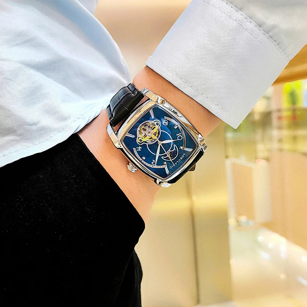 Tonneau Moon Phase – Montre Mécanique Élégante pour Homme (Édition Cadran Lune & Squelette)