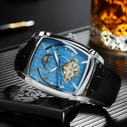 Tonneau Moon Phase – Montre Mécanique Élégante pour Homme (Édition Cadran Lune & Squelette)