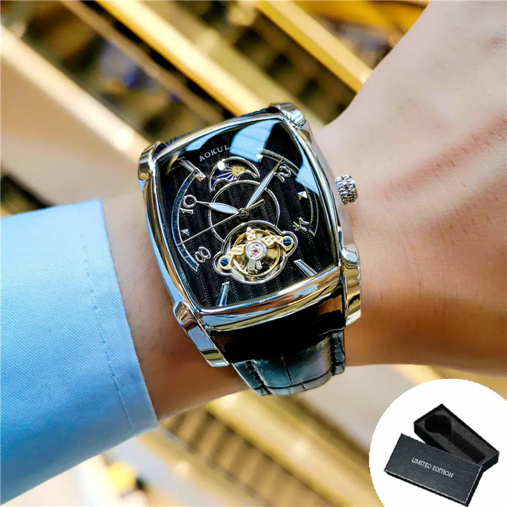 Tonneau Moon Phase – Montre Mécanique Élégante pour Homme (Édition Cadran Lune & Squelette)