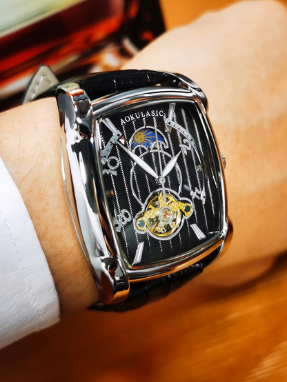 Tonneau Moon Phase – Montre Mécanique Élégante pour Homme (Édition Cadran Lune & Squelette)