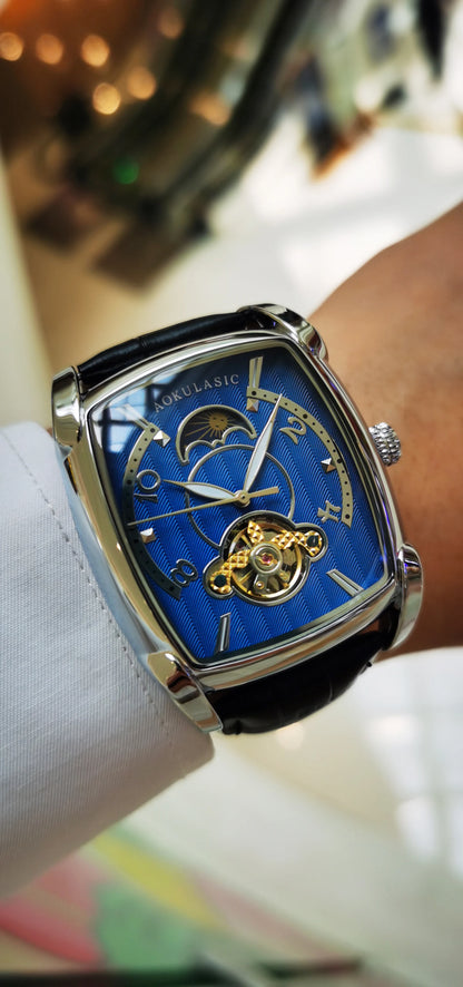 Tonneau Moon Phase – Montre Mécanique Élégante pour Homme (Édition Cadran Lune & Squelette)