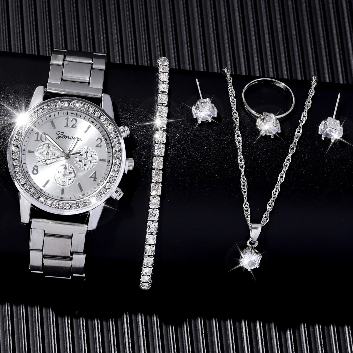 Coffret Montre & Bijoux Femme – 6 Pièces Élégance Dorée ou Argentée