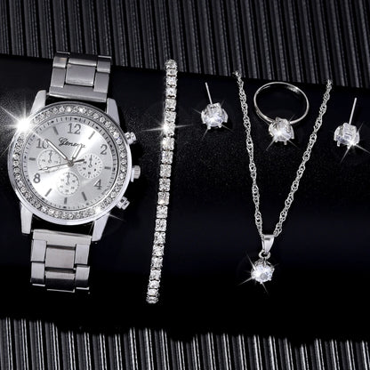 Coffret Montre & Bijoux Femme – 6 Pièces Élégance Dorée ou Argentée