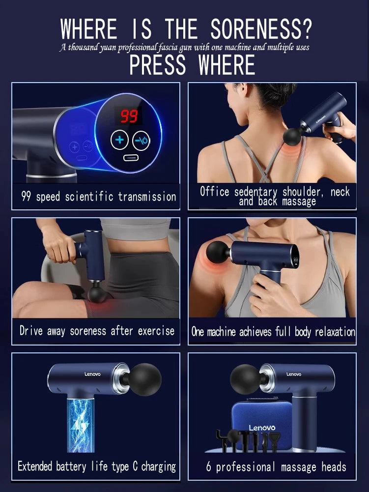 Pistolet de Massage Professionnel Lenovo – Séries N2 & N3 | 6 à 8 Têtes