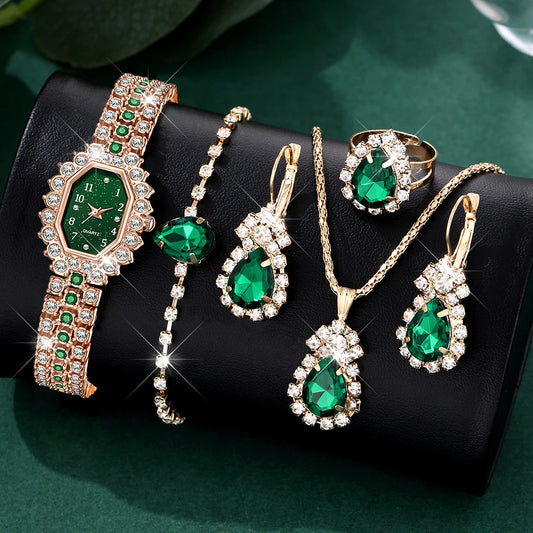 Coffret Goutte d’Émeraude – Montre & Bijoux Élégance Royale (6 pièces)