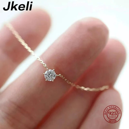Collier Jkeli 925 – Zircon Étincelant sur Chaîne Clavicule (Plaqué Or 18K)