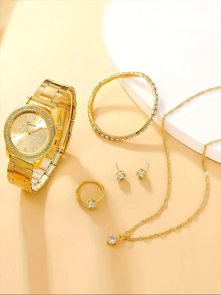 Coffret Montre & Bijoux Femme – 6 Pièces Élégance Dorée ou Argentée