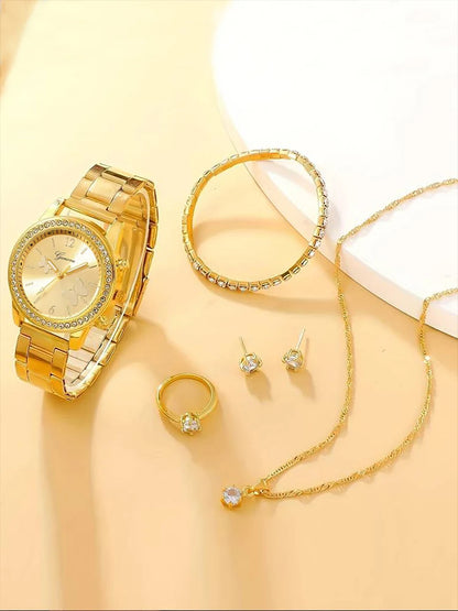 Coffret Montre & Bijoux Femme – 6 Pièces Élégance Dorée ou Argentée