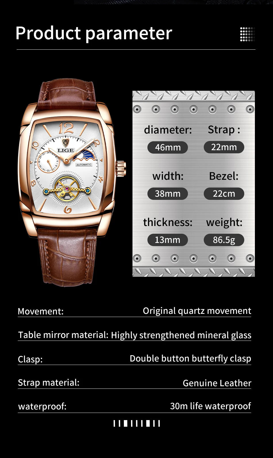 LIGE LG8949 – Montre Mécanique Homme (Édition Business & Phase de Lune)