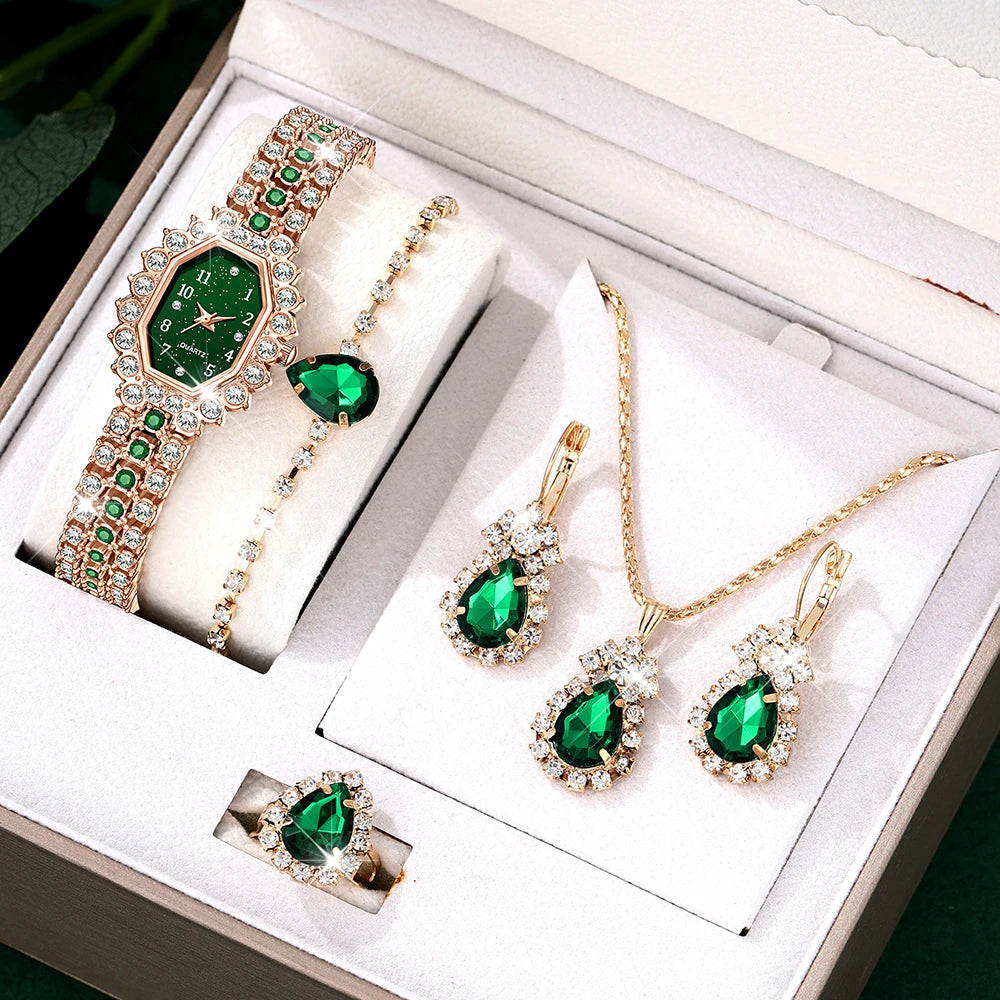 Coffret Goutte d’Émeraude – Montre & Bijoux Élégance Royale (6 pièces)
