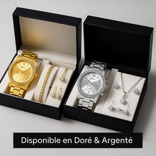 Coffret Montre & Bijoux Femme – 6 Pièces Élégance Dorée ou Argentée